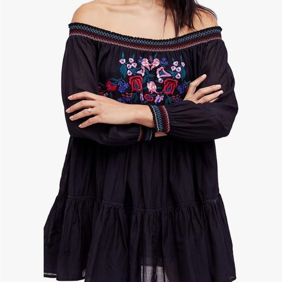 Free People Sunbeams Floral Embroidered Off The Shoulder Boho Dress - Black - S - Picture 5 of 14
